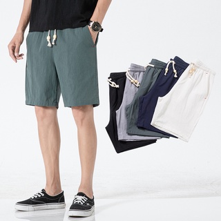 M-5XLกางเกงขาสั้นเอวยางยืดลำลองสำหรับบุรุษผ้าฝ้ายและลินินกระเป๋าสองข้างมีเชือกผูกที่เอว