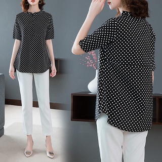 ✗เสื้อชีฟองฤดูร้อนสุภาพสตรีแฟชั่นลายจุดสีดำหลวมด้านบนแขนสั้นไขมัน MM พลัสขนาดชุดแม่บาง