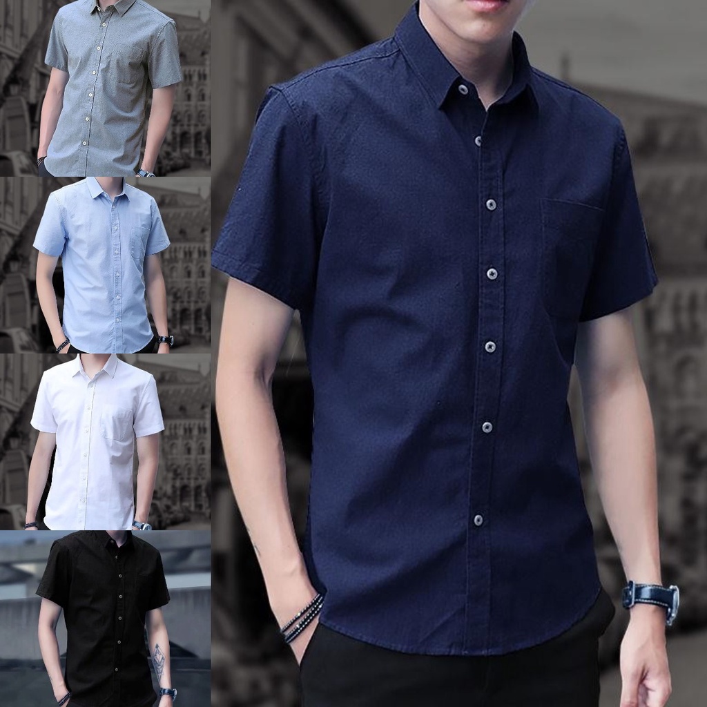ราคาและรีวิวKorean Summer Plain Casual Slim Trend Black Shirt Men