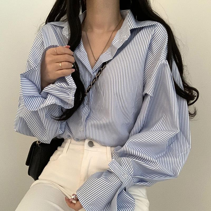 s-2xl-เสื้อลายฝรั่งเศสเวอร์ชั่นเกาหลีย้อนยุคเรียบง่ายหลวมสบายๆสีทึบแขนยาวเสื้อโปโลสีน้ำเงินแถวเดียวหลายปุ่มด้านบน