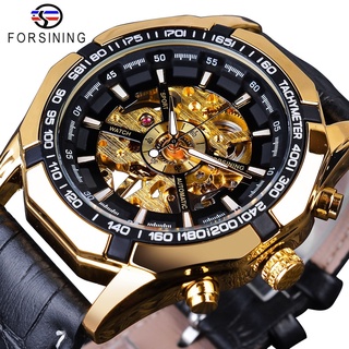 Forsining Waterproof Golden Black Skeleton Clock Two Button Decoration Mechanical Wrist Watches for Men Black Genuine Le