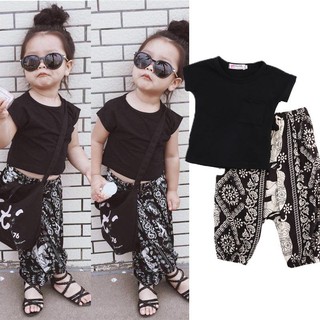 BABYGARDEN Baby Girl Clothes Set , Short Sleeve Black T-shirt +  Floral Loose Elastic Hareb Pants