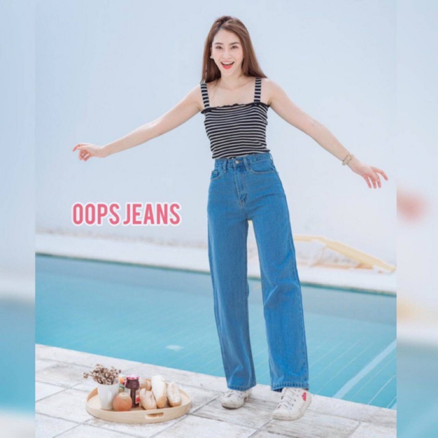 code-l9e6b-ลด25-oops-jeans-กางเกงขายาวกระบอก-เอวสูงสียีนส์