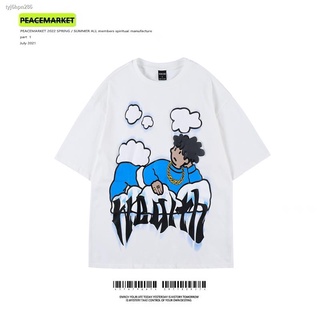 เตรียมจัดส่ง❁☃PEACEMARKET niche บุคลิกภาพการ์ตูนสองมิติหลวมเสื้อยืดแขนสั้นผู้ชายและผู้หญิงแบรนด์ retro ครึ่งแขน teeS-5XL