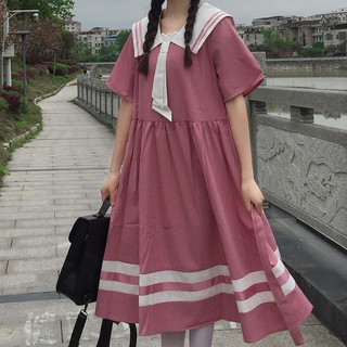 🔥Hot sale~ ฤดูร้อนใหม่ลูกไม้สายคล้องคอปกชุดนักเรียนหญิงเกาหลีหลวมและส่วนยาวบางวิทยาลัยสไตล์กระโปรงสาย