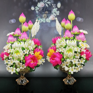 ชุดคู่ แจกัน ดอกบัวประดิษฐ์ ดอกไม้ไหว้พระ (สูง 14 นิ้ว) ดอกบัวปลอม ดอกบัวไหว้พระ ดอกไม้ดินปั้น จาก ดินไทย