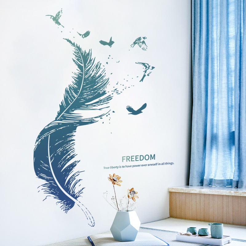 zooyoo-ขนนกสีฟ้าผนังสติ๊กเกอร์ห้องนอนระเบียงผนังเชิงพาณิชย์ที่สวยงามตกแต่งผนังสติ๊กเกอร์