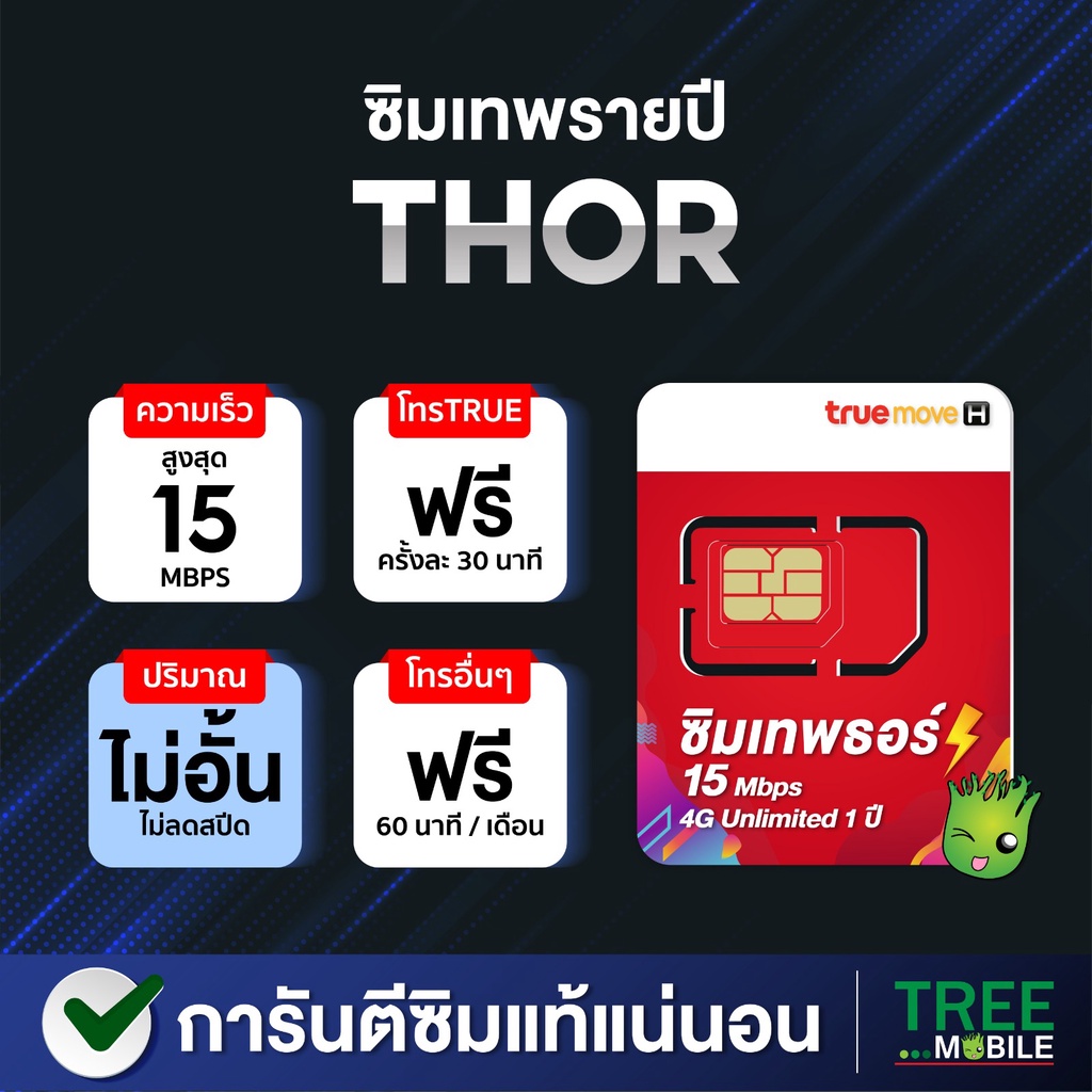 ภาพหน้าปกสินค้าซิมเทพธอร์  15Mbps เลือกเบอร์ชุด4 โทรฟรีในเครือข่ายทรู ไม่ลดสปีด​ ไม่จำกัดการใช้งาน ซิมทรู​ ซิมเทพ ทรู ซิม Tree Mobile จากร้าน treemobile บน Shopee