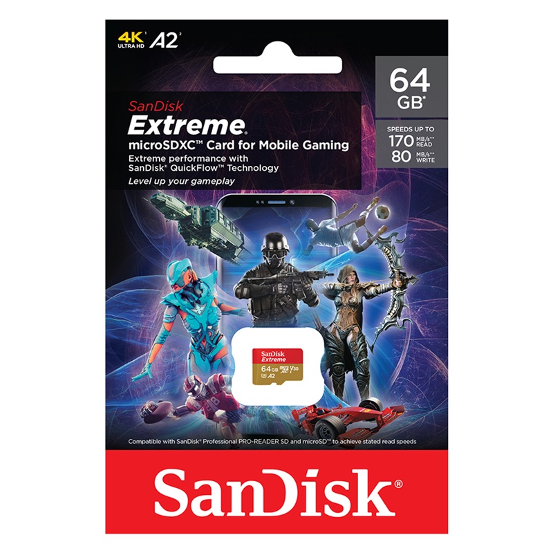 เกี่ยวกับสินค้า การ์ดหน่วยความจำ SanDisk Extreme microSDXC 64GB V30 U3 C10 A2 170MB/s R 80MB/s W Gaming (SDSQXAH-064G-GN6GN) by Banana IT