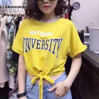 TJเสื้อครอป ผ้ายืด คอกลม แขนสั้น ผูกเอว ลาย university 83626 สีขาว