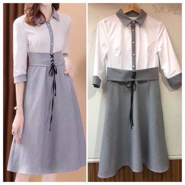 2muay-fashion-เดรสแฟชั่น-เดรสทำงาน-simple-shirt-dress-รุ่นffshirt-สีเทาขาว-size-m