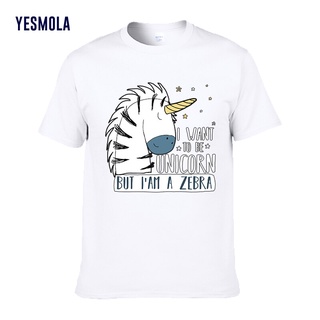 Yesmola เสื้อยืดแขนสั้นลําลอง ผ้าฝ้าย 100% พิมพ์ลายการ์ตูนม้าลาย I Want to Be Unicorn but Im a Zebra แฟชั่นสําหรับผู้ชา