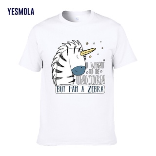 Yesmola เสื้อยืดแขนสั้นลําลอง ผ้าฝ้าย 100% พิมพ์ลายการ์ตูนม้าลาย I Want to Be Unicorn but Im a Zebra แฟชั่นสําหรับผู้ชา