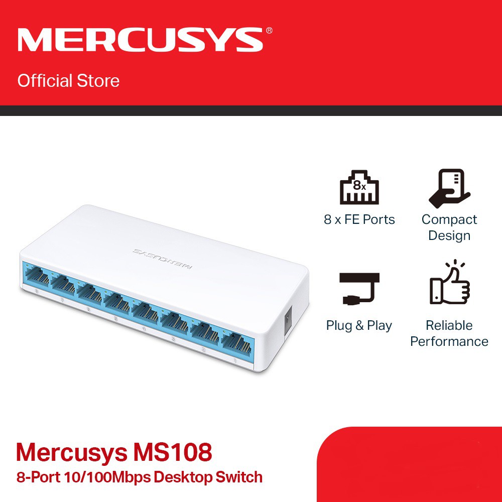 SWITCH (สวิตช์) MERCUSYS MS108 - 8 PORTS 10/100Mbps DESKTOP SWITCH (HUB ...