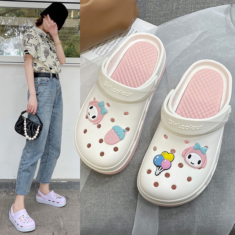 พร้อมส่ง-รองเท้าแตะหัวโต-เมโลดี้-ใส่ได้-2แบบ-รองเท้าหัวโตผู้หญิงยางนิ่มแบบสวมรัดส้น