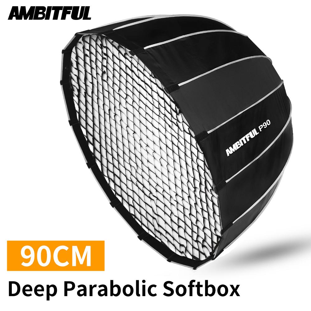 AMBITFUL P90 Portable 90CM 16 Rods Deep Parabolic Softbox + Honeycomb Grid Bowens Mount Studio Flash Speedlite Softbox