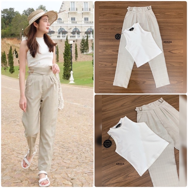 เซตเสื้อกล้ามสีขาว-กางเกงขายาวสีครีม-label-arada