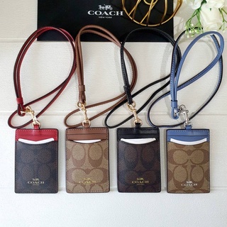 🎀 สายคล้องบัตร สีน้ำตาล ลายซี สายน้ำตาล COACH F63274 SIGNATURE LANYARD ID CASE (KHAKI/SADDLE/LIGHT GOLD