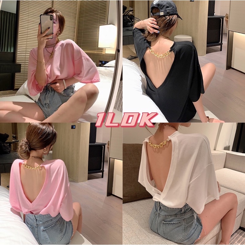 1ldk-พร้อมส่ง-เสื้อยืดแขนสามส่วนเว้าหลัง-คอหลังเป็นตัววีมีโซ่อยู่ตรงคอ-7657