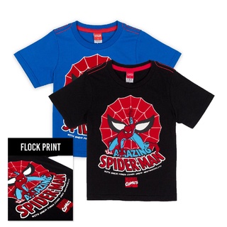 Marvel Boy Spider-Man Flock Print T-shirt - เสื้อเด็กโต Size 3-13 ปี พิมพ์กำมะหยี่ลายสไปเดอร์แมน สินค้าลิขสิทธ์แท้100% characters studio 222