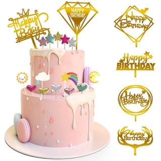 สินค้า ป้ายท็อปเปอร์อะคริลิค ลาย Happy Birthday สีทอง สำหรับปักเค้ก