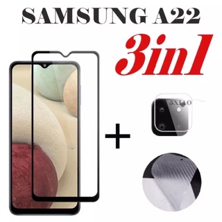 3in1 ฟิล์มเลนส์กล้อง + ฟิล์มกระจกเต็มจอ+ ฟิล์มหลัง For Samsung A22 4G /A22 5Gฟิล์มกันกระแทกขอบดำ