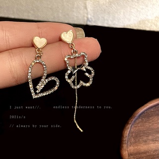 925 silver needle diamond love bear retro earrings Korean cute style earrings asymmetric personality earrings female for