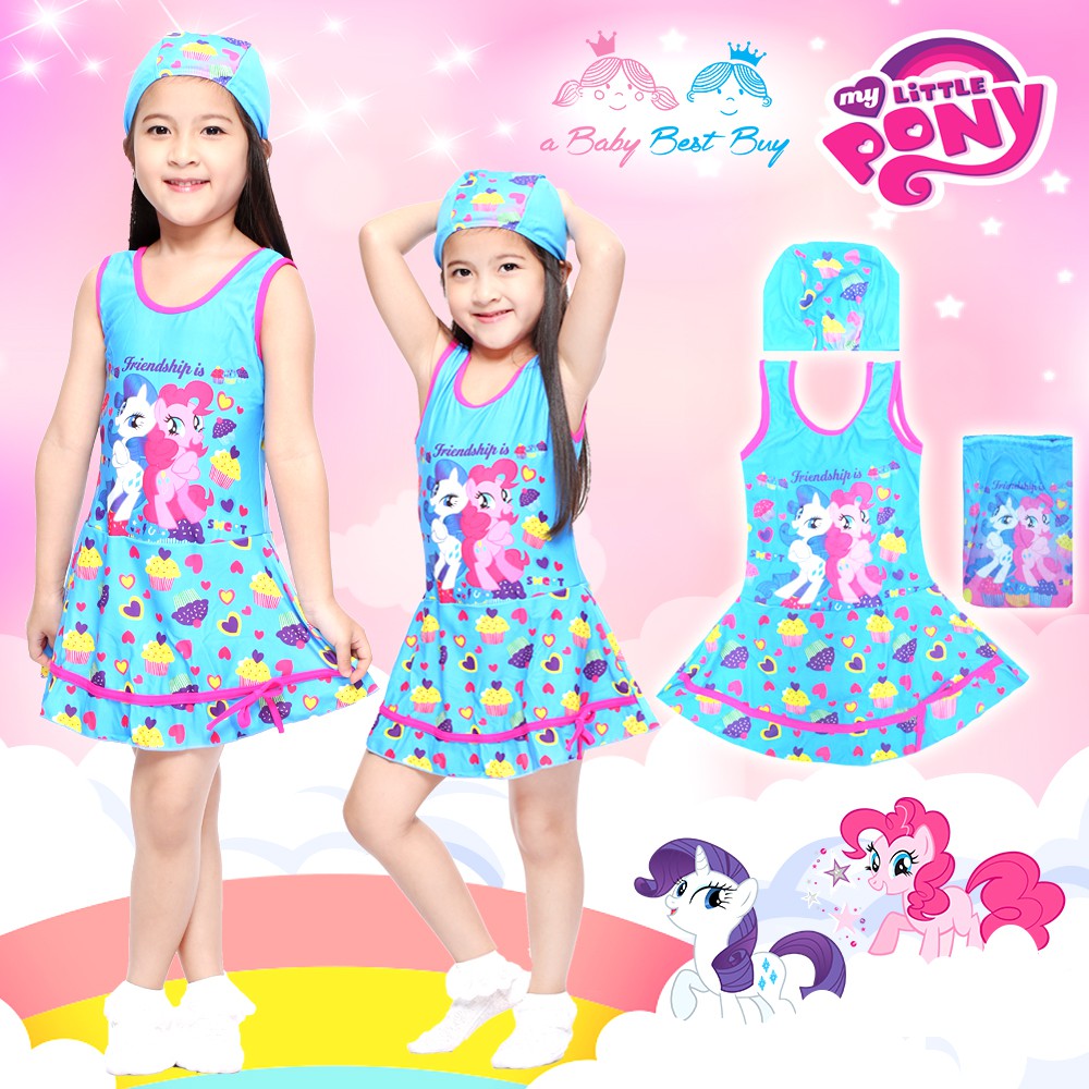 ไซส์-xs-ชุดว่ายน้ำเด็กผู้หญิง-my-little-pony-สีฟ้า-เสื้อแขนกุด-กระโปรง-มาพร้อมหมวกว่ายน้ำ-สุดน่ารัก-ลิขสิทธิ์ฮาสโบแท้