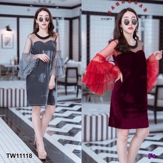 TW11118 Dress เดรสสั้นคอกลมแขนยาวผ้ามุ้งระบาย 2 ชั้น เนื้อผ้ากำมะหยี่ อกต่อด้วยผ้ามุ้งซีทรู