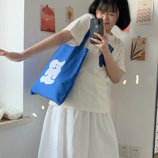 กระเป๋าสะพายไหล่ กระเป๋าช้อปปิ้ง ผ้าแคนวาส พิมพ์ลายการ์ตูนหมีน่ารัก สีฟ้า