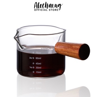 Alechaung แก้วตีฟองนม ชงกาแฟ พร้อมด้ามจับไม้ สำหรับตวง ตวงชงกาแฟ ถ้วยตวง 75ml/150ml ชงน้ำขาย Measuring Cup