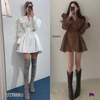 **สอบถามก่อนสั่งนะคะ**TW13334    Dress เดรสแขนยาว อกระบายคอวี งานผ้าซาร่าสีพื้น เอวสม็อครอบเอว