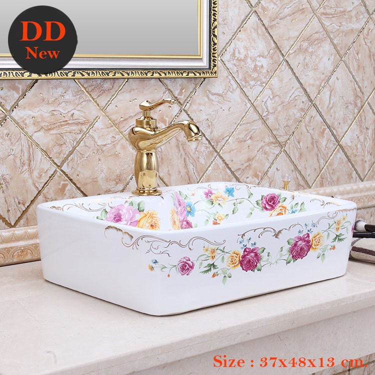 อ่างล้างหน้าเซรามิกทรงสี่เหลี่ยมลายดอกไม้-rose-basin-dd005