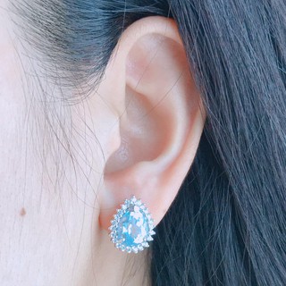 ต่างหูเงินแท้ 92.5 % ฝังพลอยแท้ โทพาซ(BLUE TOPAZ)ประดับด้วยเพชรรัสเซีย รุ่น 1282-BT