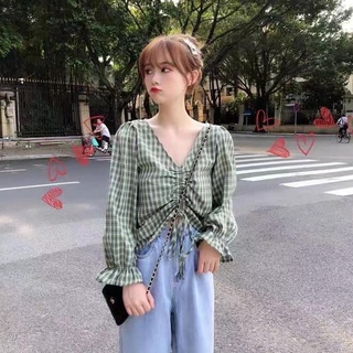 เสื้อแฟชั่นเกาหลีน่ารักๆๆอกรูดผูกเป็นจั้มสวยๆผูกโบว์ได้คะแขนยาวระบาย