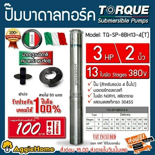 TORQUE ปั๊มบาดาล รุ่น TQ-SP-8BH13-4 (T) 2นิ้ว 3HP 13ใบ (380V.) ปั๊มอิตาลี (สายไฟ 3x1.5 + ฝาบ่อ 2นิ้ว) บาดาล ปั๊มน้ำ