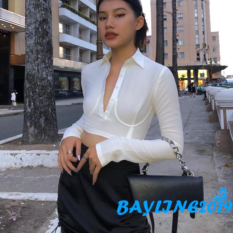bay-เสื้อครอปแขนยาวสีพื้นสําหรับผู้หญิง
