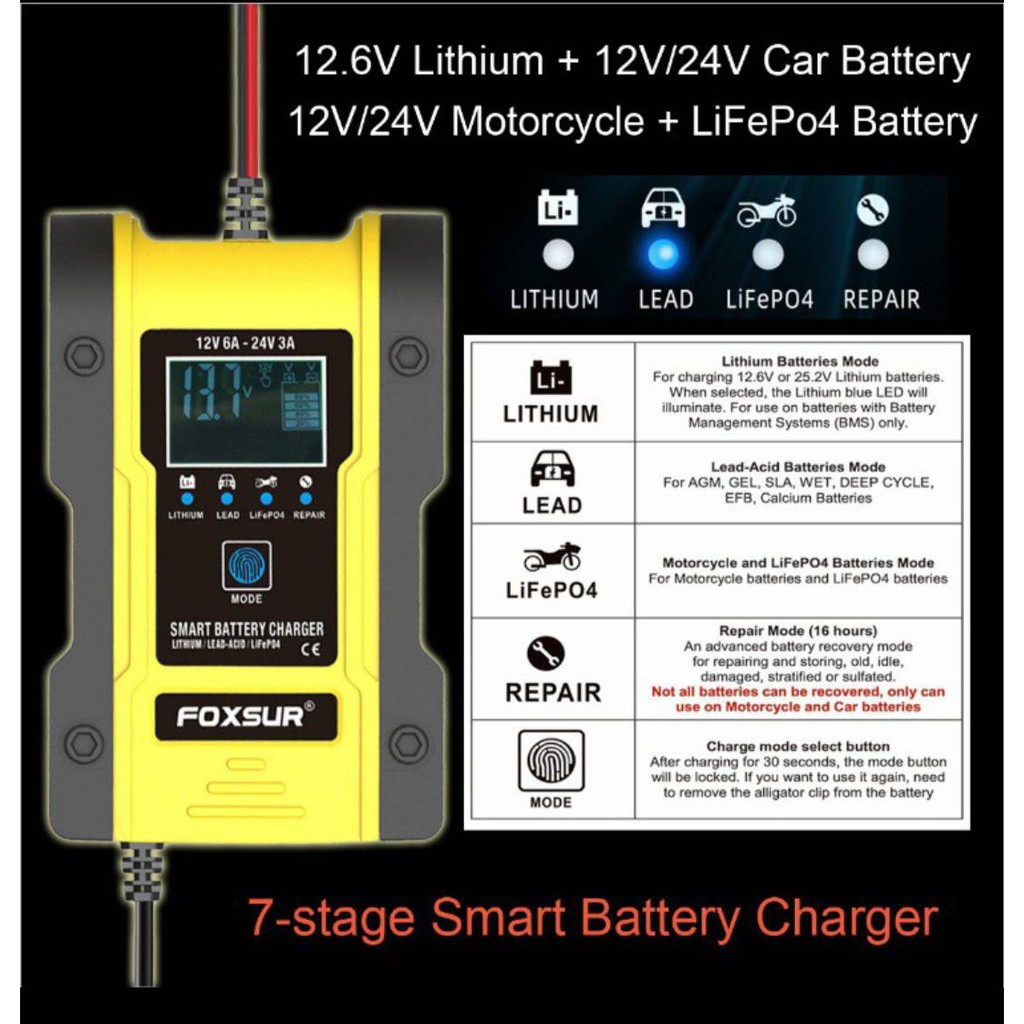 เครื่องชาร์จแบตเตอรี่-foxsur-fbc122406d-12v-6a-24v-3a-เครื่องซ่อมแบตเตอรี่อัจฉริยะซ่อมแบตเตอรี่รถยนต์มอเตอร์ไซด์ระบบดิจิ