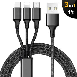 สายชาร์จโทรศัพท์ 3a 3 in 1 สายไนล่อนถักหลายชั้น usb type c/micro usb สีดํา 7plus