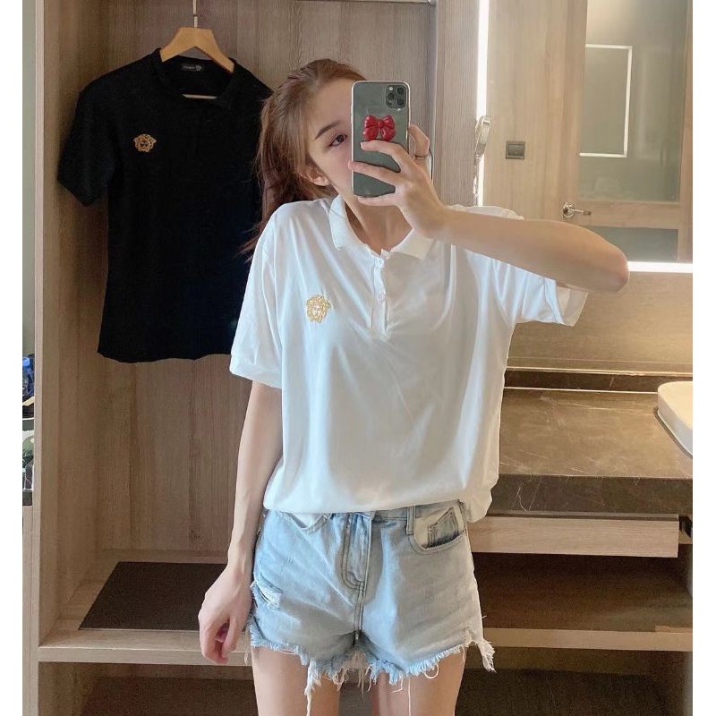 bentoy-พร้อมส่ง-เสื้อโปโลคอปกแขนสั้นผ้าฟ้ายลายเมดูซ่างานปักno-8288