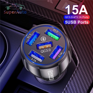 SuperAuto 15A 5 พอร์ต USB ชาร์จในรถยนต์ ชาร์จเร็ว Mini LED ชาร์จเร็ว สําหรับชาร์จโทรศัพท์