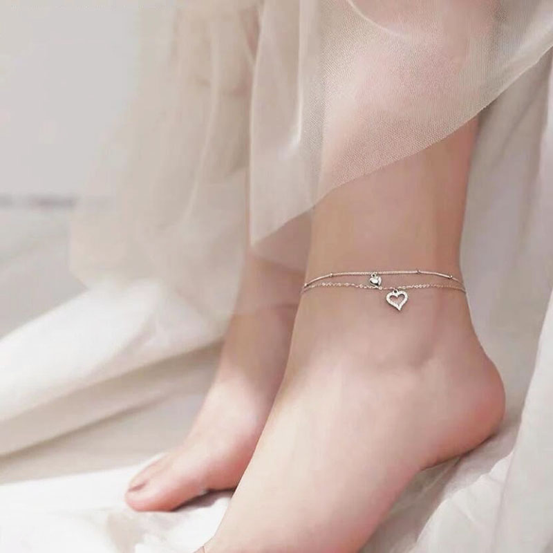 ภาพหน้าปกสินค้ากำไลข้อเท้าเงิน Charm Heart Zircon Silver Anklet Korea Multilayer Foot Chain for Women Girl Jewelry Accessories
