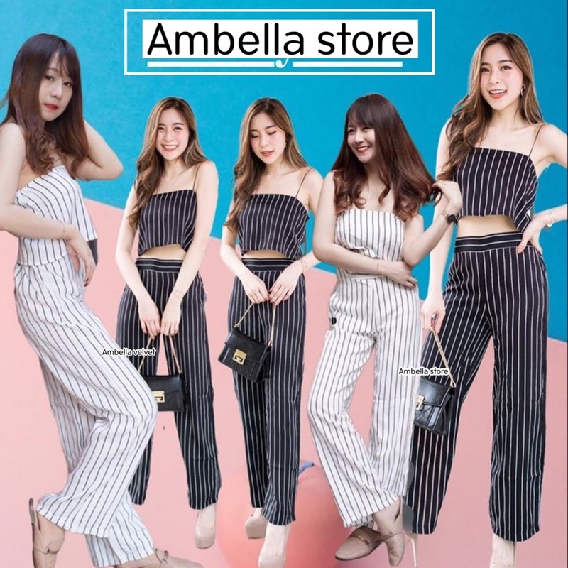 ambella-เซทเสื้อ-กางเกง-สวยมากกราคาดีสุดๆ-ชุดเซทเสื้อสายเดี่ยวกับกางเกงขายาว-ลายริ้ว-มี-4-สี-ฟรีไซส์