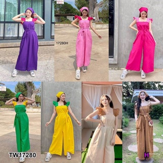 TW17280 จั้มสูทไหล่ระบาย ขากว้าง จั๊มสูทขายาว แฟชั่นมาใหม่ สี ม่วง ชมพู บานเย็น เขียว เหลือง เบจ น้ำตาล