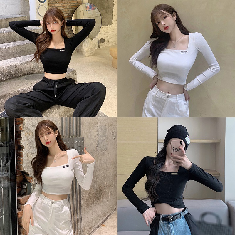 เสื้อยืดแขนยาวเซ็กซี่-เข้ารูป-เข้ารูป-โชว์สะดือ-สีพื้น-สําหรับผู้หญิง