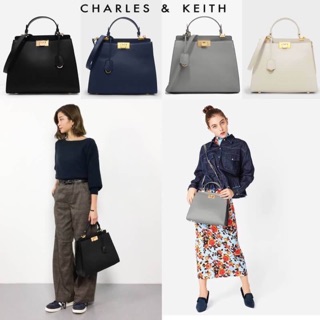 แท้💯% Charles and keith large push lock bag  2018 กระเป๋าถือและสะพายหนัง PU ลายหิน ขนาดใบใหญ่