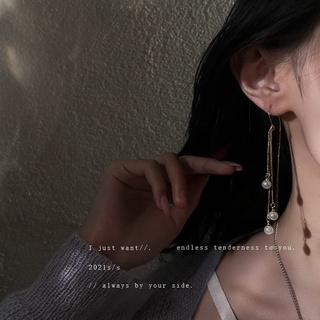 925 silver needle pearl tassel ear line Korea Dongdaemun temperament metal earrings long simple design earrings for girl