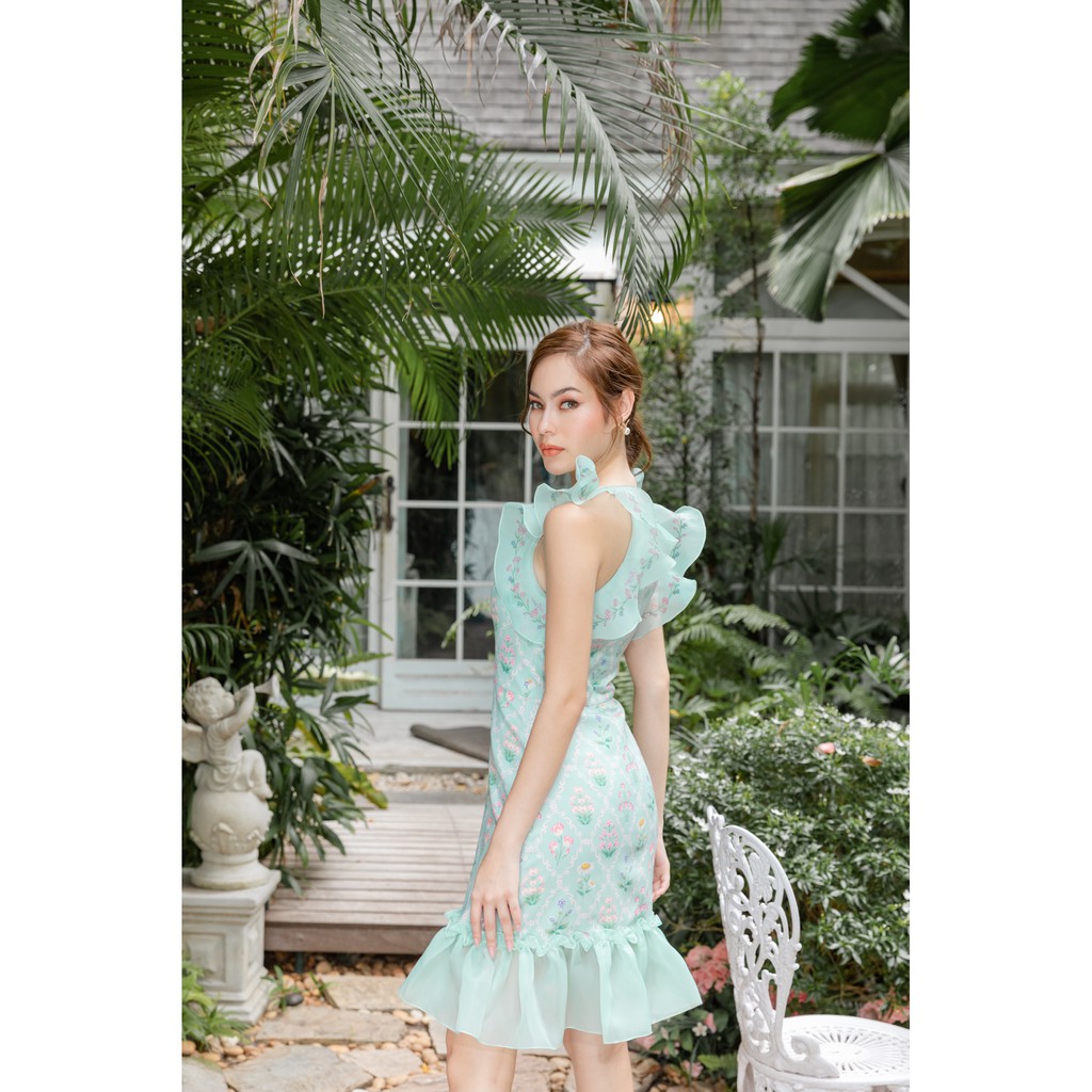 soft-emerald-mini-dress-เดรส-เดรสทำงาน-เดรสสีเขียวมินท์-แต่งผ้าออร์แกนดี้