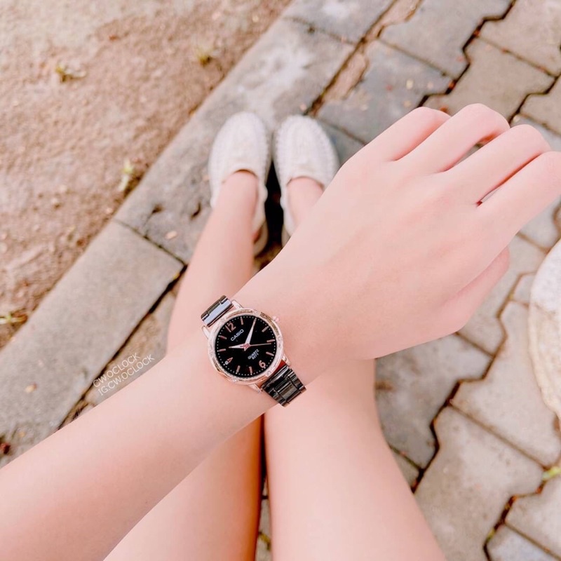 นาฬิกา-casio-สายเหล็กดำหน้าปัดประดับเพชร-นาฬิกาข้อมือน่ารัก-ราคาถูก-พร้อมส่ง