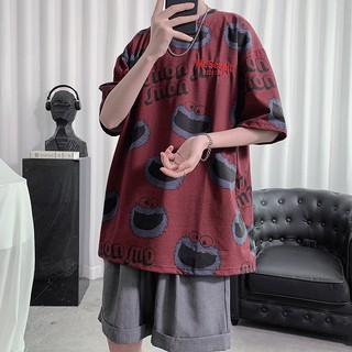 夏季潮男短袖宽松insสไตล์ฮาราจูกุ2021สีแดงสุทธิTเสื้อบุคลิกภาพชายบนเสื้อผ้า